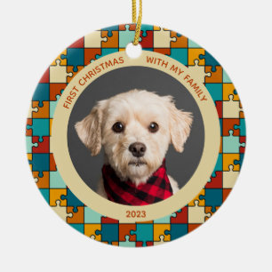 Dog Vintage Puzzle 1st Christmas with Family Photo Ceramic Ornament