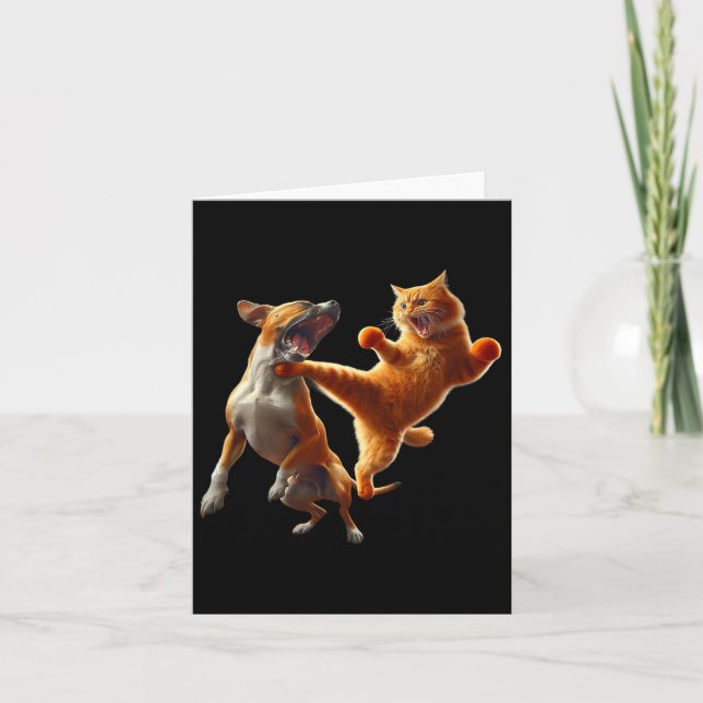 Dog Vs Cat Kick Boxing Fighting Funny Cat Joke Pun Card (Front)