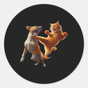Dog Vs Cat Kick Boxing Fighting Funny Cat Joke Pun Classic Round Sticker