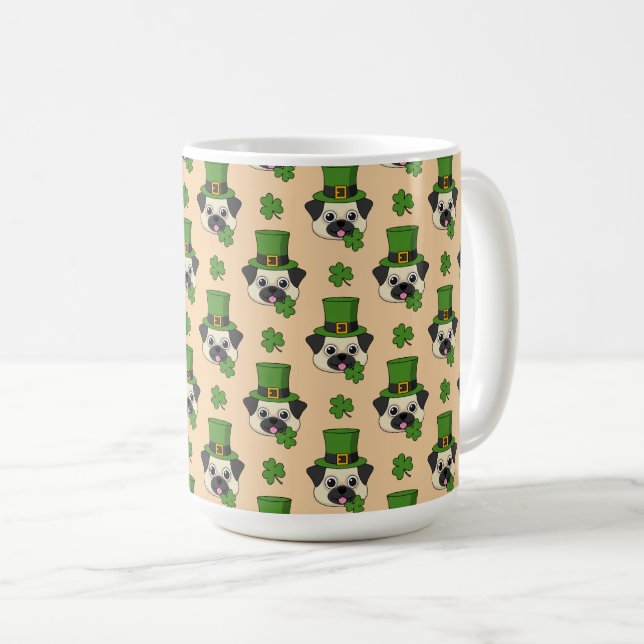 Dog w Green Hat and Shamrock St Patrick's Pattern Coffee Mug (Front Right)