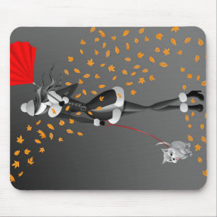 Dog Walker Autumn Leaves  Black  Mouse Pad