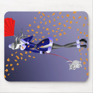 Dog Walker Autumn Leaves  Blue Mouse Pad