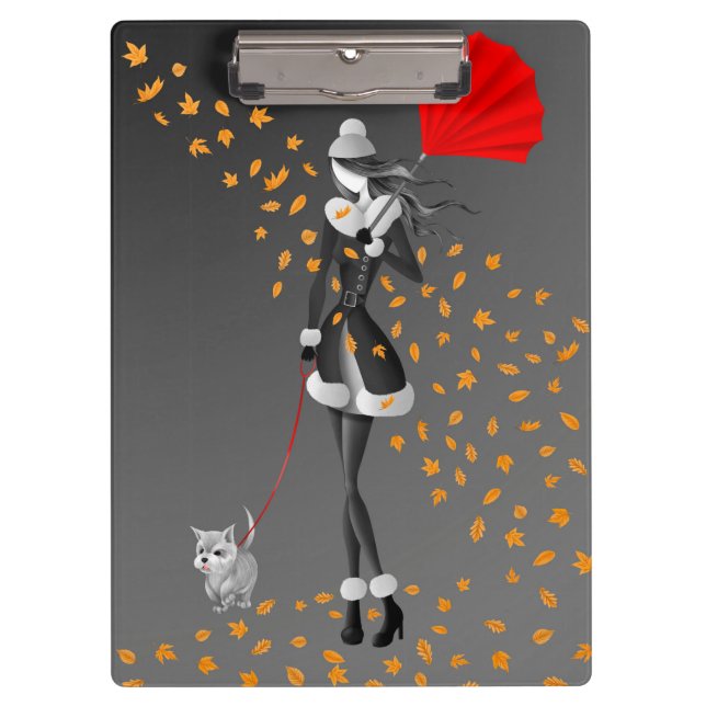 Dog Walker Autumn Leaves Gray  Clipboard (Front)