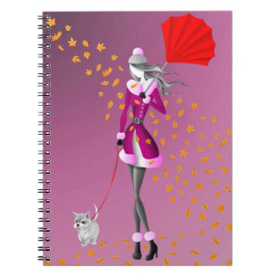 Dog Walker Autumn Leaves Pink Notebook