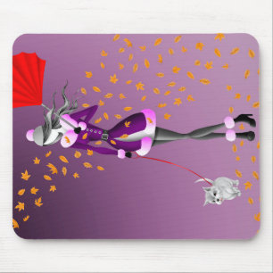Dog Walker Autumn Leaves Purple Mouse Pad