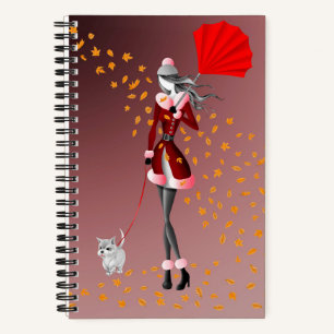 Dog Walker Autumn Leaves  red Notebook