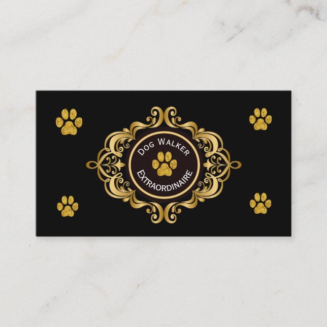 Dog Walker Business Card with Golden Paw Print (Front)