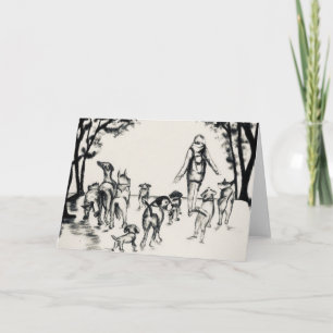 Dog Walker Charcoal Drawing Card