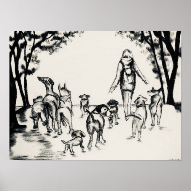 Dog Walker Charcoal Drawing  Poster (Front)