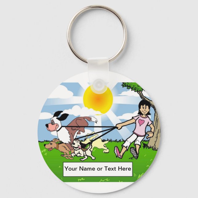 Dog Walker, Dog Lover - Female Cartoon Key Ring (Front)
