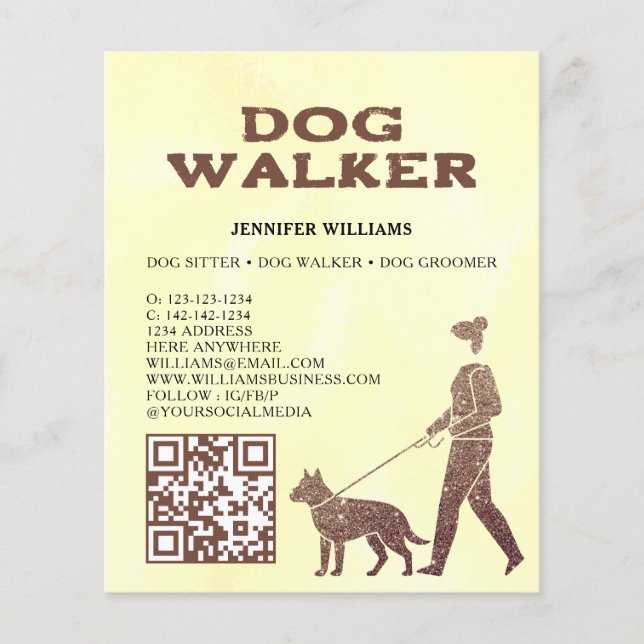 Dog Walker Faux Gold Glitter QR Code Pet Services Flyer (Front)
