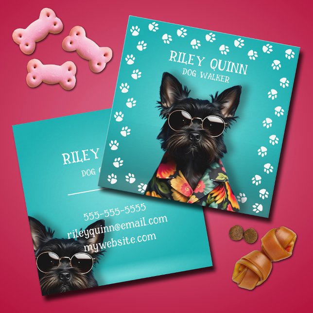 Dog Walker Paw Print Border  Square Business Card (Dog Walker paw print border square business cards)