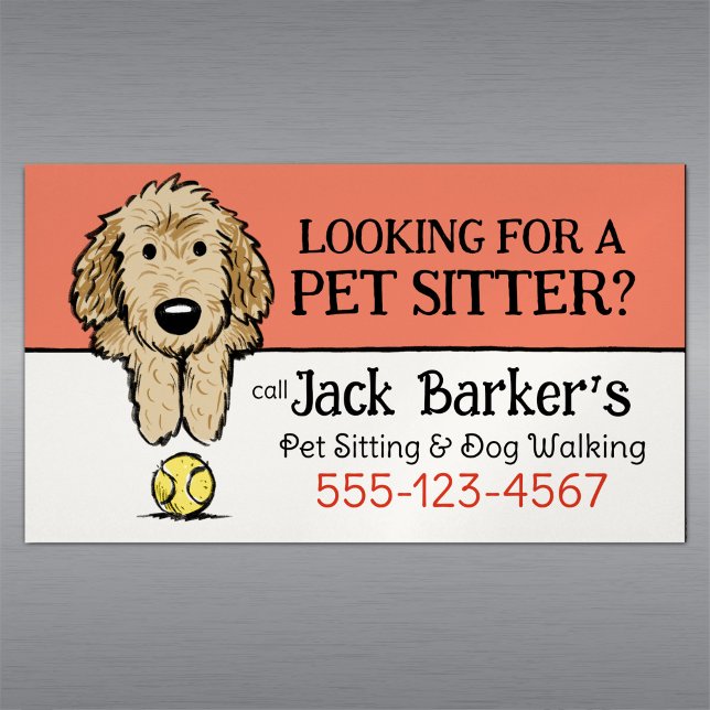 Dog Walker Pet Sitter Cute Doodle Dog with Ball Magnetic Business Card (Creator Uploaded)