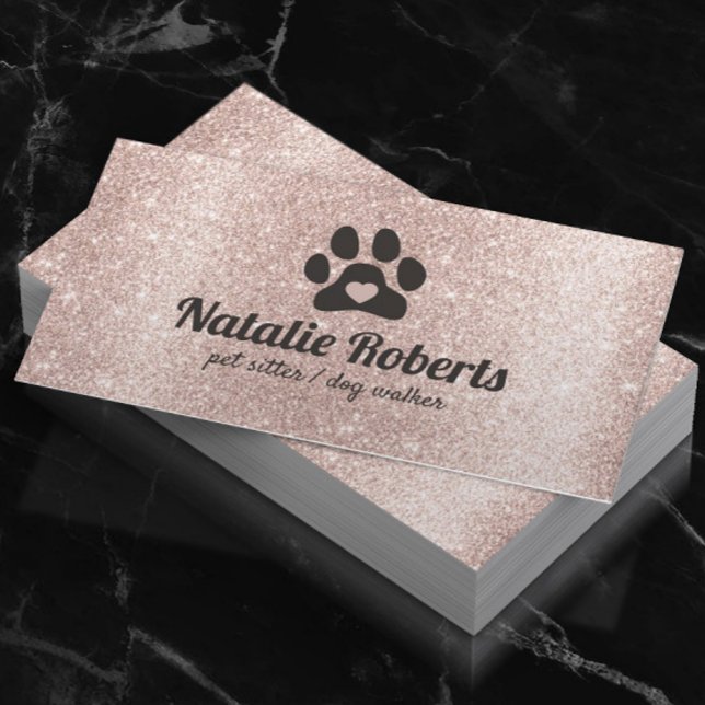 Dog Walker Pet Sitter Paw Heart Blush Rose Gold Business Card (Creator Uploaded)