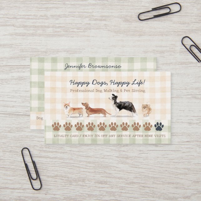 Dog Walker Pet Sitting Gingham Loyalty Card (Front/Back In Situ)
