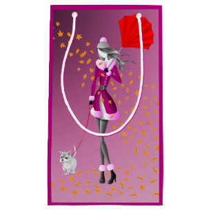 Dog Walker Red Umbrella in Autumn Small Gift Bag