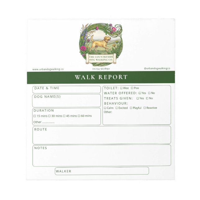 Dog Walker Trainer Feedback Report Form Labrador Notepad (Front)