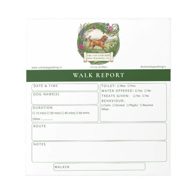 Dog Walker Trainer Feedback Report Form Notepad (Front)