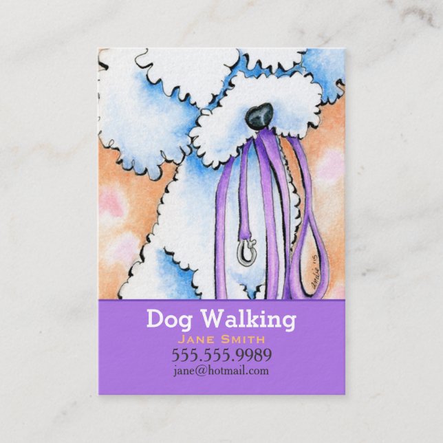 Dog Walker White Poodle Purple Business Card (Front)