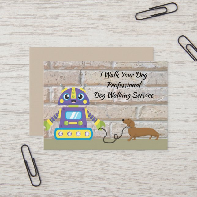 Dog Walking Business Card with Robot & Dog (Front/Back In Situ)