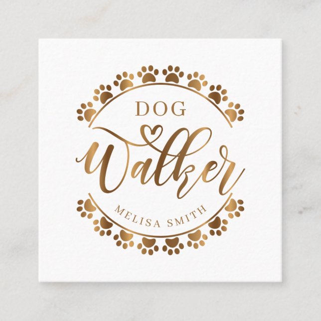 Dog walking in shape of a circle gold colour squar square business card (Front)