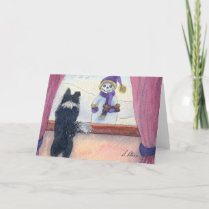 Dog watching snowman bearing gifts holiday card