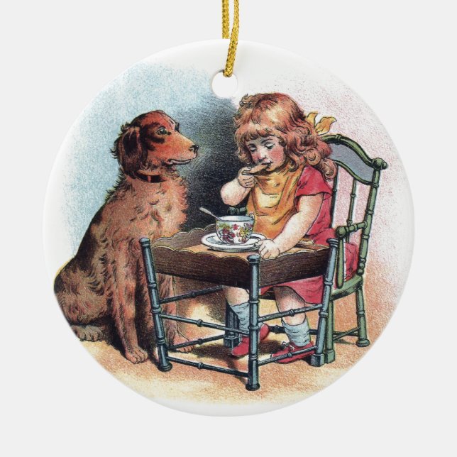 Dog Watching Toddler Eat Ceramic Tree Decoration (Front)