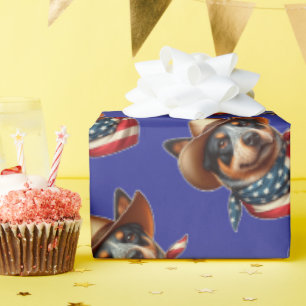 Dog Wearing a Hat and American Flag Bandanna Wrapping Paper
