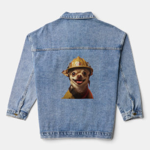Dog wearing a red fireman helmet design denim jacket