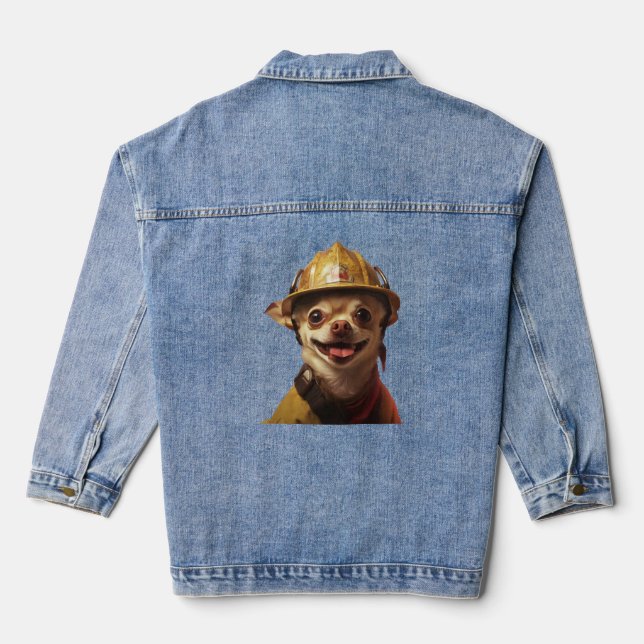 Dog wearing a red fireman helmet design denim jacket (Back)