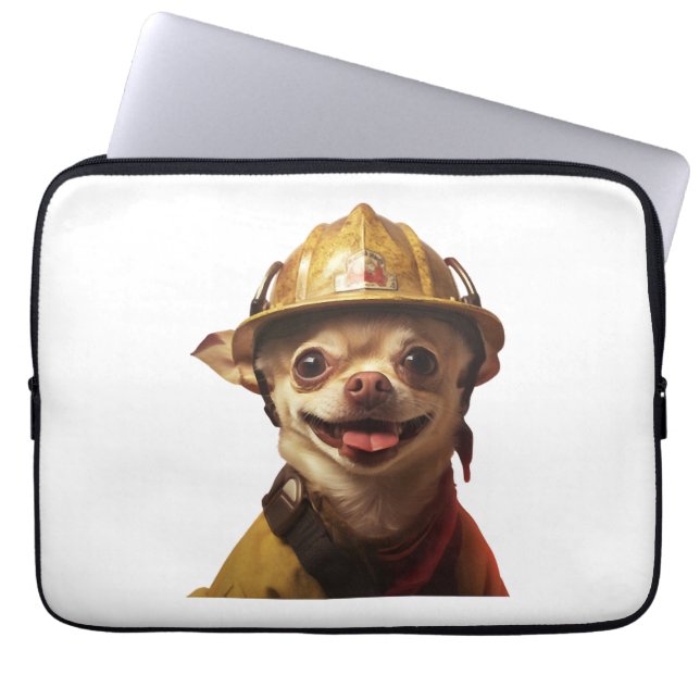 Dog wearing a red fireman helmet design laptop sleeve (Front)