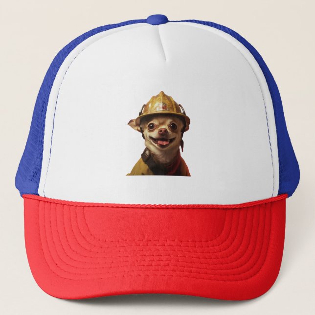Dog wearing a red fireman helmet design trucker hat (Front)