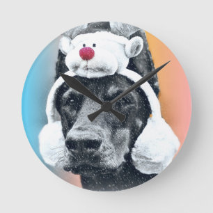 Dog wearing a  Reindeer Hat Round Clock