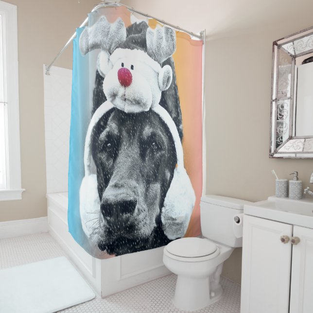 Dog wearing a Reindeer Hat Shower Curtain (In Situ)