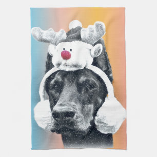 Dog wearing a Reindeer Hat Tea Towel