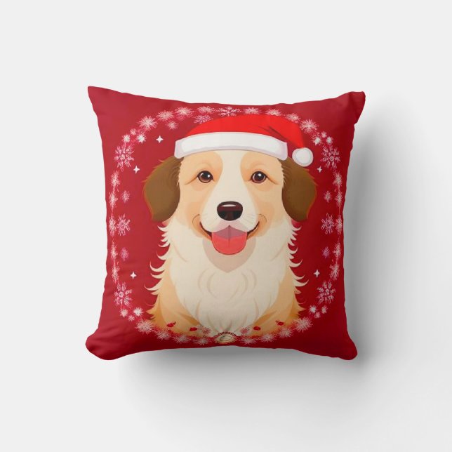 Dog Wearing a Santa Hat with Snowflake Frame Cushion (Front)