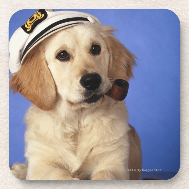 Dog wearing cap, holding smoke pipe coaster (Front)