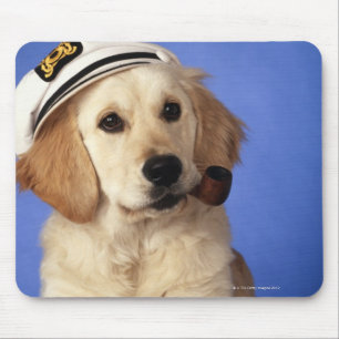 Dog wearing cap, holding smoke pipe mouse pad