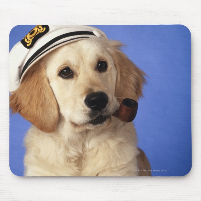 Dog wearing cap, holding smoke pipe mouse pad (Front)