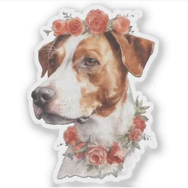 Dog Wearing Flowers on its Head Valentine Sticker (Front)