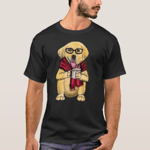 Dog Wearing Glasses And Red Scarf Having A Hot Cof T-Shirt