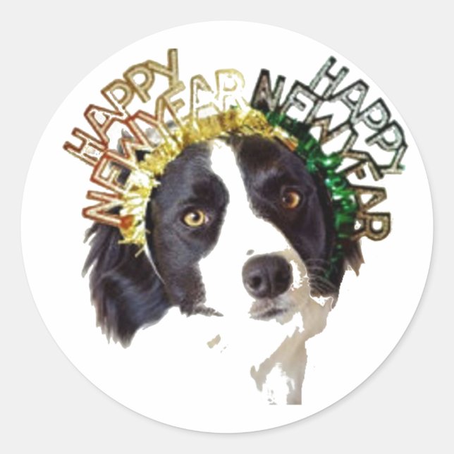 Dog Wearing Happy New Year Hats Classic Round Sticker (Front)