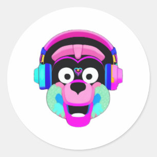 Dog wearing headphones and having fun classic round sticker