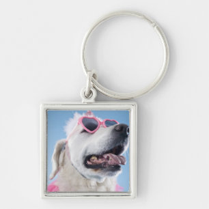 Dog wearing heart shaped classes and tu-tu key ring