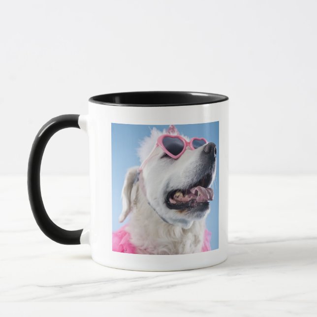 Dog wearing heart shaped classes and tu-tu mug (Left)