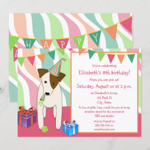 dog wearing party hat pink girl's birthday party invitation