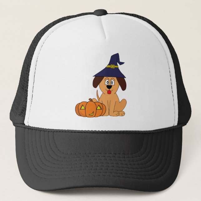 Dog Witch Pumpkin Halloween Trucker Hat (Front)