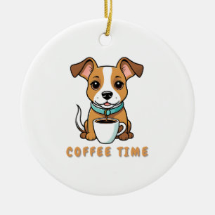 dog with a cup coffee ceramic ornament