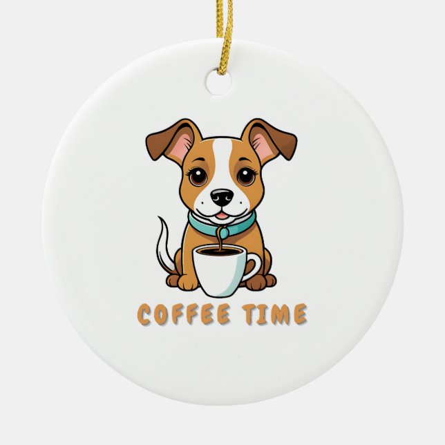 dog with a cup coffee ceramic ornament (Front)