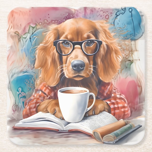 Dog With a Cup of Hot Chocolate Square Paper Coaster (Front)